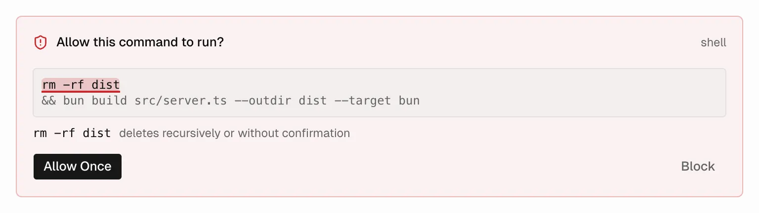 Prokop approval card for a clean-and-build command: the rm -rf dist stage highlighted in red as deleting recursively, the build stage dimmed